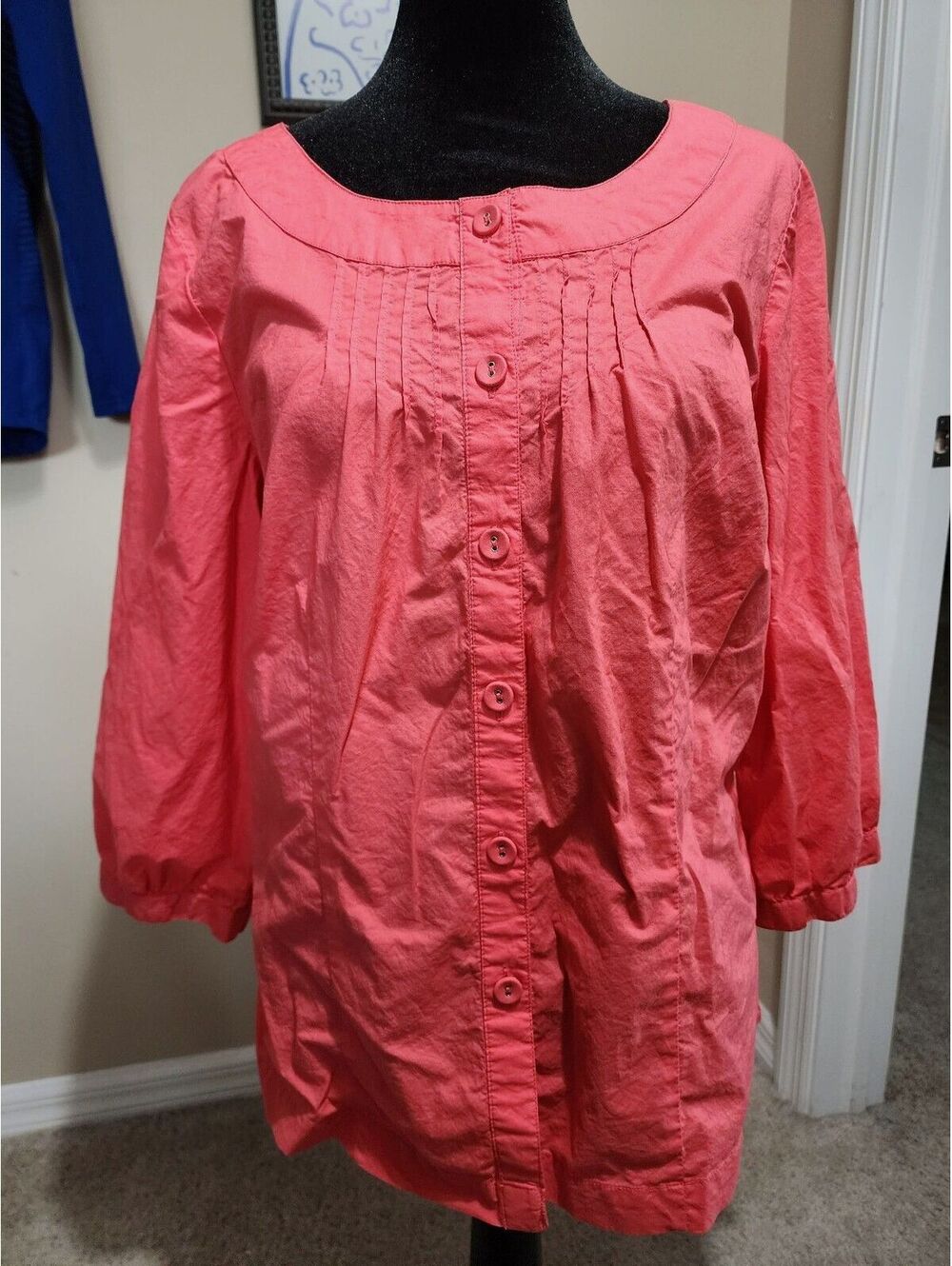 Van Heusen Women's Large Coral Button-Up Blouse with 3/4 Sleeves
